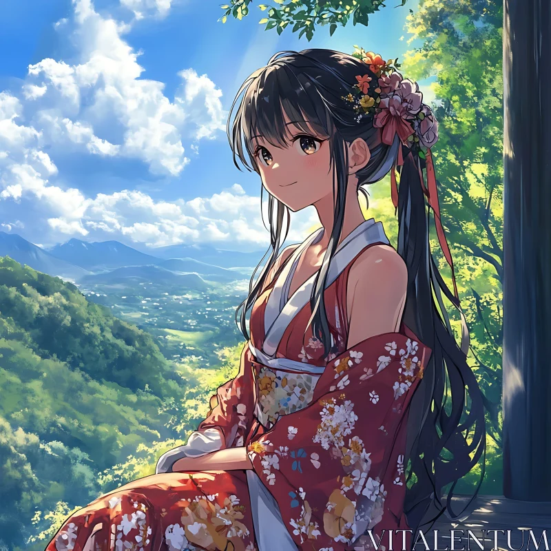 Anime Girl in Nature with Kimono and Flowers AI Image