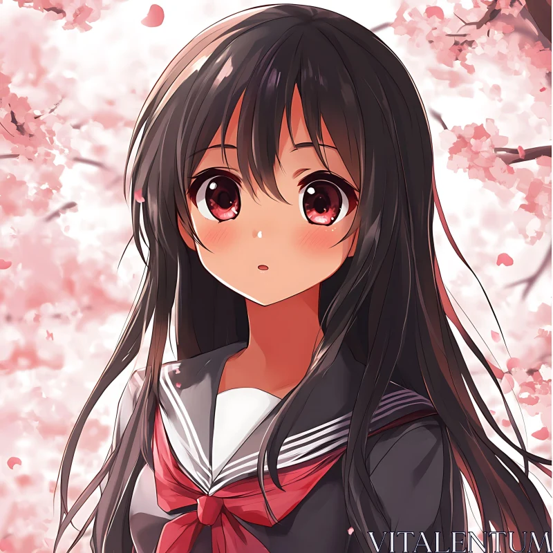 Manga Schoolgirl in Sakura Season AI Image