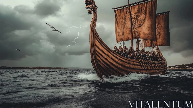 Viking Ship in a Thunderstorm with Armed Warriors AI Image