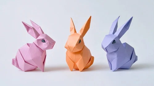 Colorful Origami Bunny Trio on White