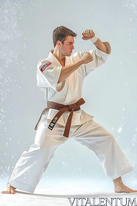 Karate Practitioner in Guarded Stance with Brown Belt AI Image