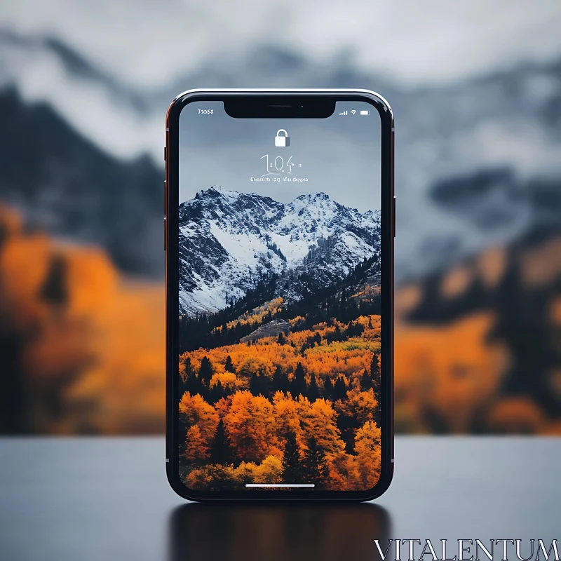 Autumnal Mountain Scene on Mobile Device AI Image