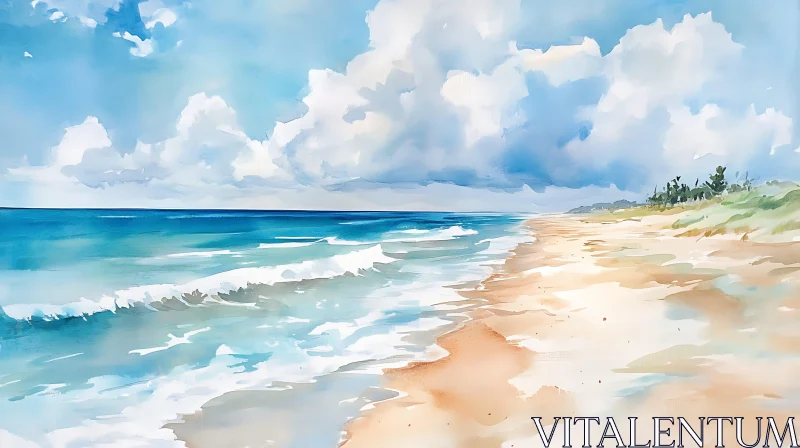 AI ART Watercolor Beach Scene with Clouds