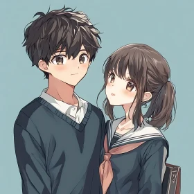 Anime Illustration of School Uniform Couple