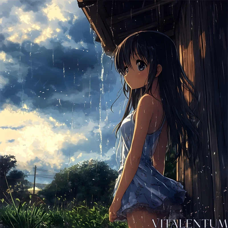 Rainy Evening With a Young Girl Seeking Shelter AI Image