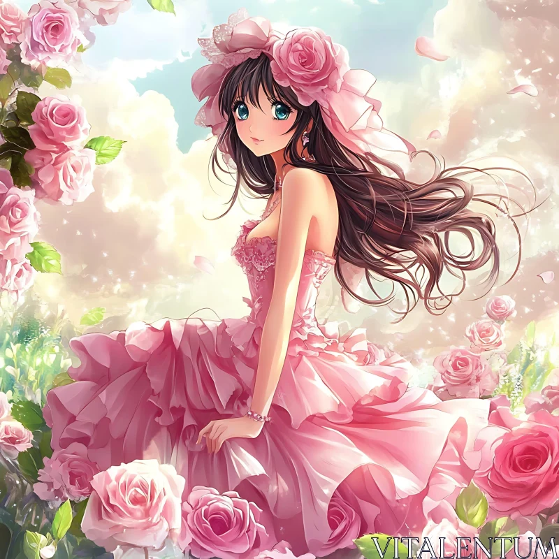 Elegant Anime Girl in Rose Garden AI Image