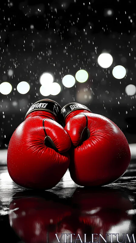 Red Boxing Gloves in Rain-Soaked Arena Under Lights AI Generated Image AI Image