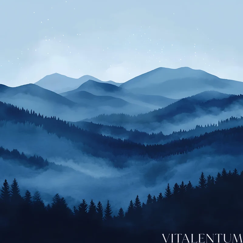 Tranquil Blue Mountain Forest Vista AI Image