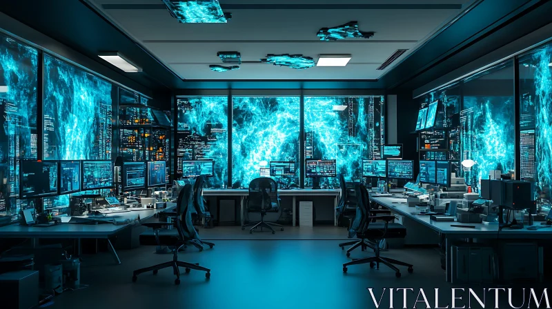 AI ART Cybersecurity Control Room with Blue Illumination