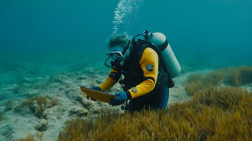 Scuba Diver Observing Ocean Flora