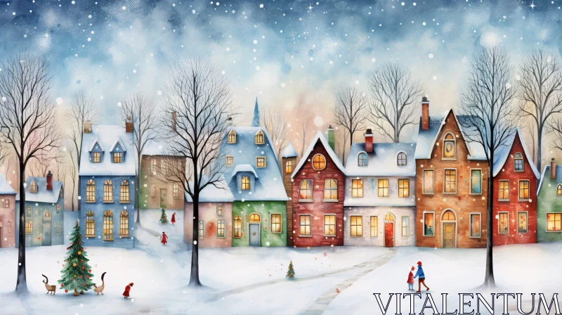 AI ART Snowy Christmas Village with Decorated Tree