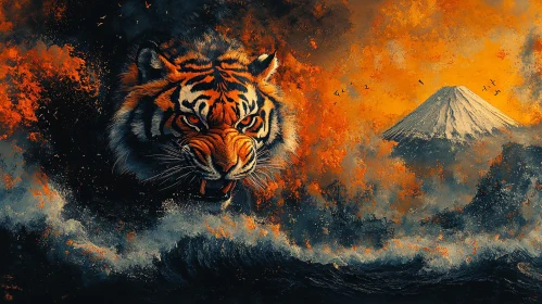 Roaring Tiger and Distant Mountain Peak