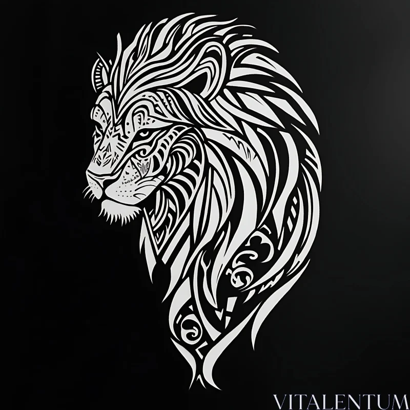 Monochrome Lion Illustration with Tribal Design AI Image