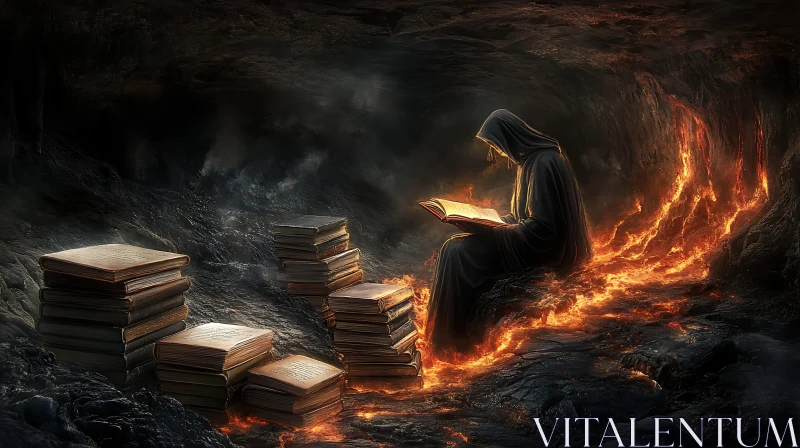 Hooded Figure Reading by Firelight AI Image