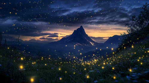 Starlit Mountain Range with Fireflies