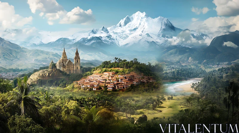 AI ART Scenic Mountain Village Landscape