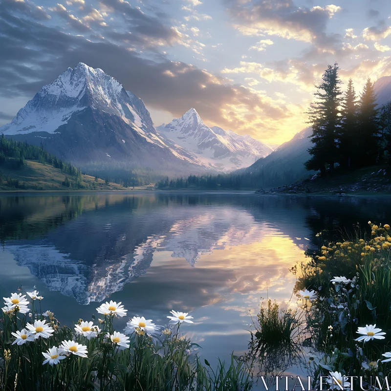 Tranquil Mountain Lake and Floral Landscape AI Image