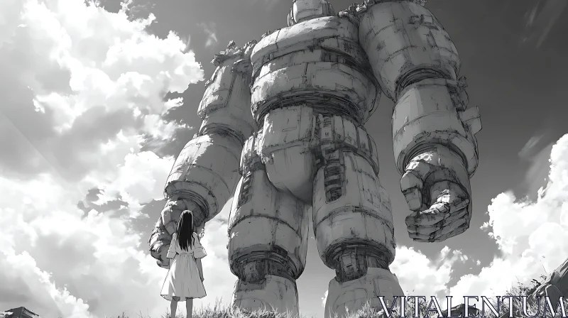 Massive Robot Overlooks a Girl in Grass Field AI Image