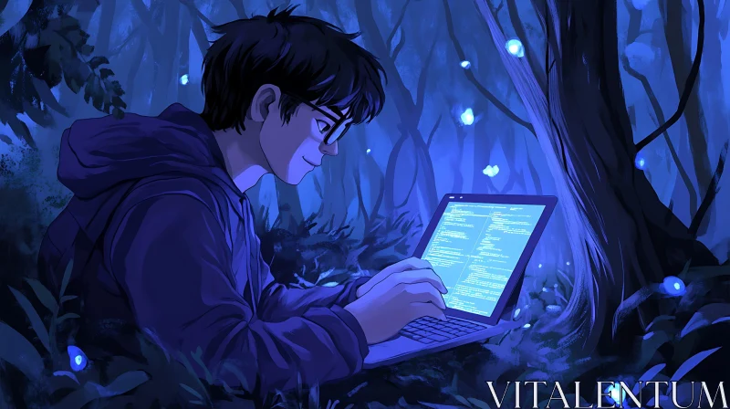 AI ART Man Coding in Enchanted Forest