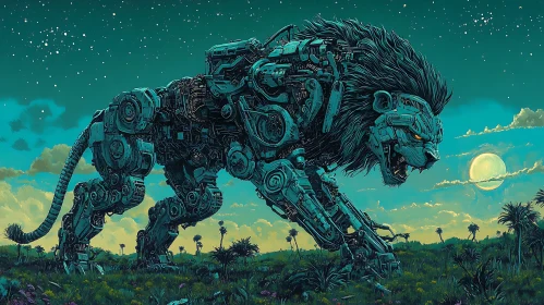 Cyborg Lion Walking Under the Moon