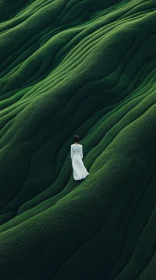 Solitary Figure in Flowing White Dress in Lush Green Terrain