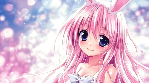 Cute Anime Girl with Bunny Ears in Sparkling Background