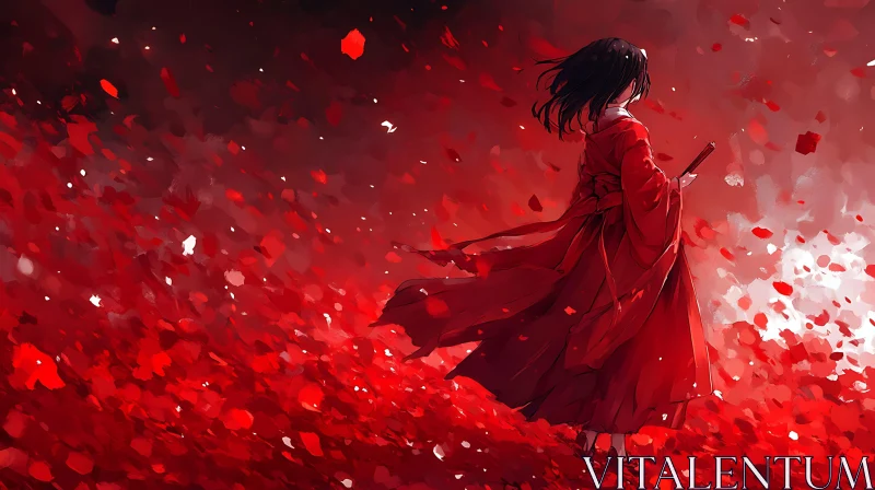 Anime Female Warrior with Sword and Red Petals AI Image