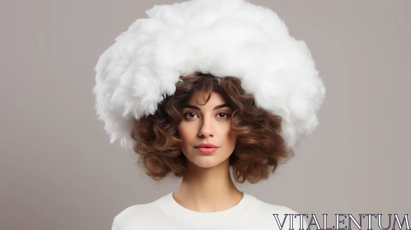 AI ART Fashion Art: Young Woman in White Fur Hat - Voluminous Mass, Afro-Colombian Themes