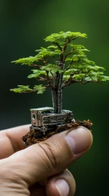 Miniature Train Bonsai Tree in Industrial Machinery Aesthetics