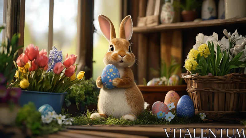 Springtime Bunny with Floral Egg AI Image