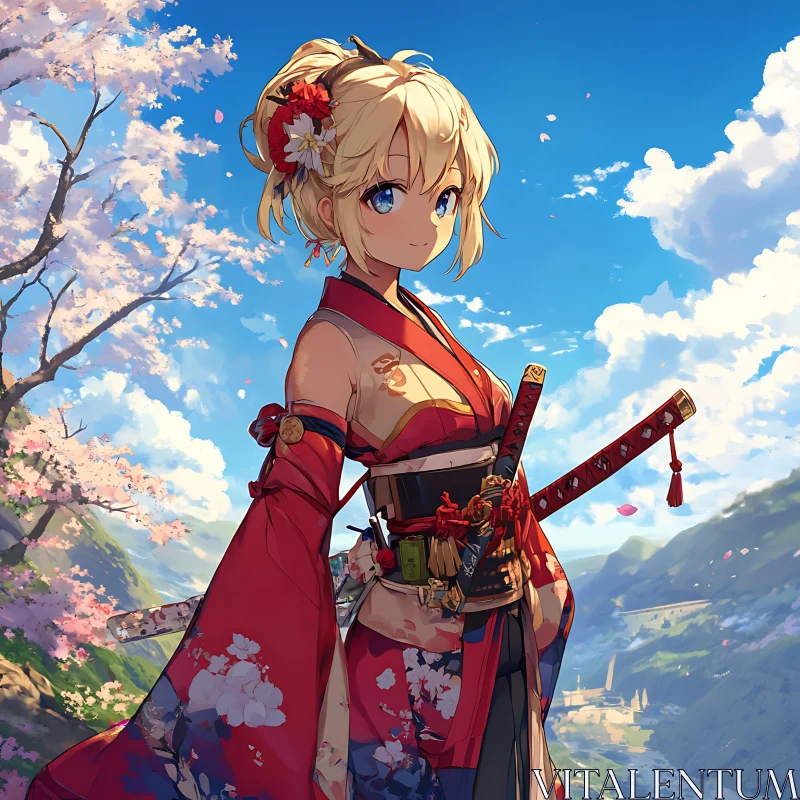 Blonde Samurai amidst Cherry Blossoms AI Image