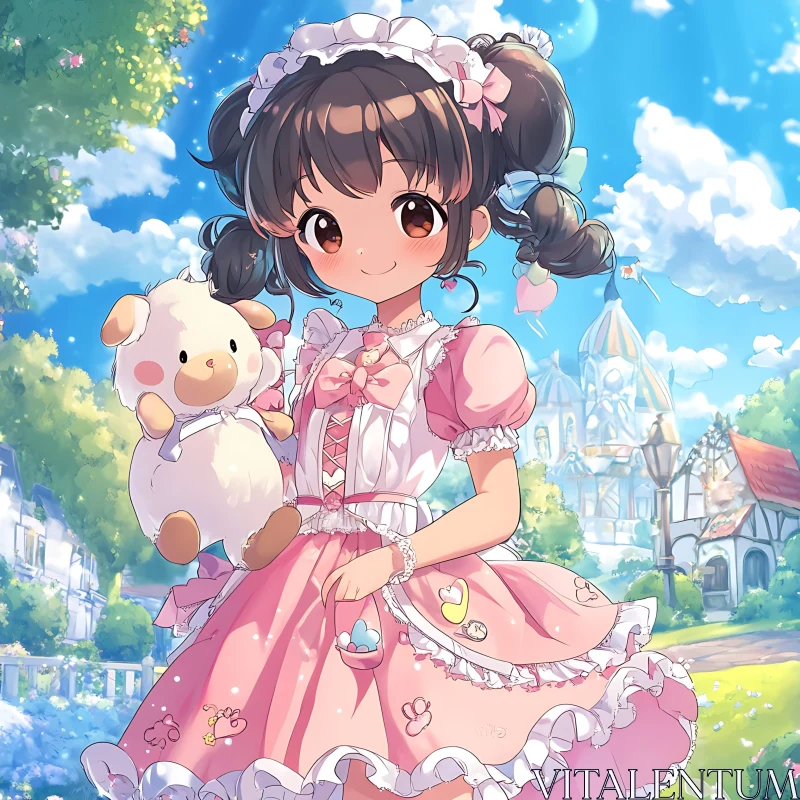 Anime Girl Holding Plush Toy in Pastel Maid Dress AI Image