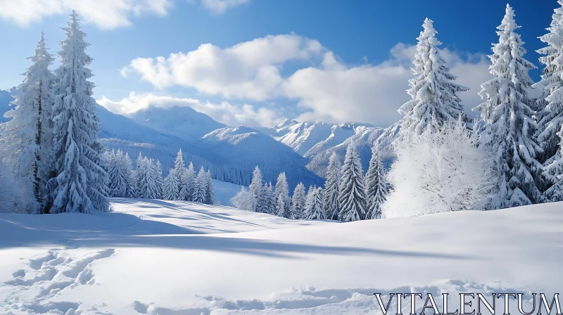 Snowy Mountain Scene with Pine Trees AI Image