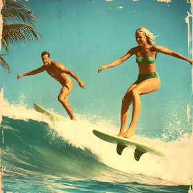 Retro Surfers Catching Waves