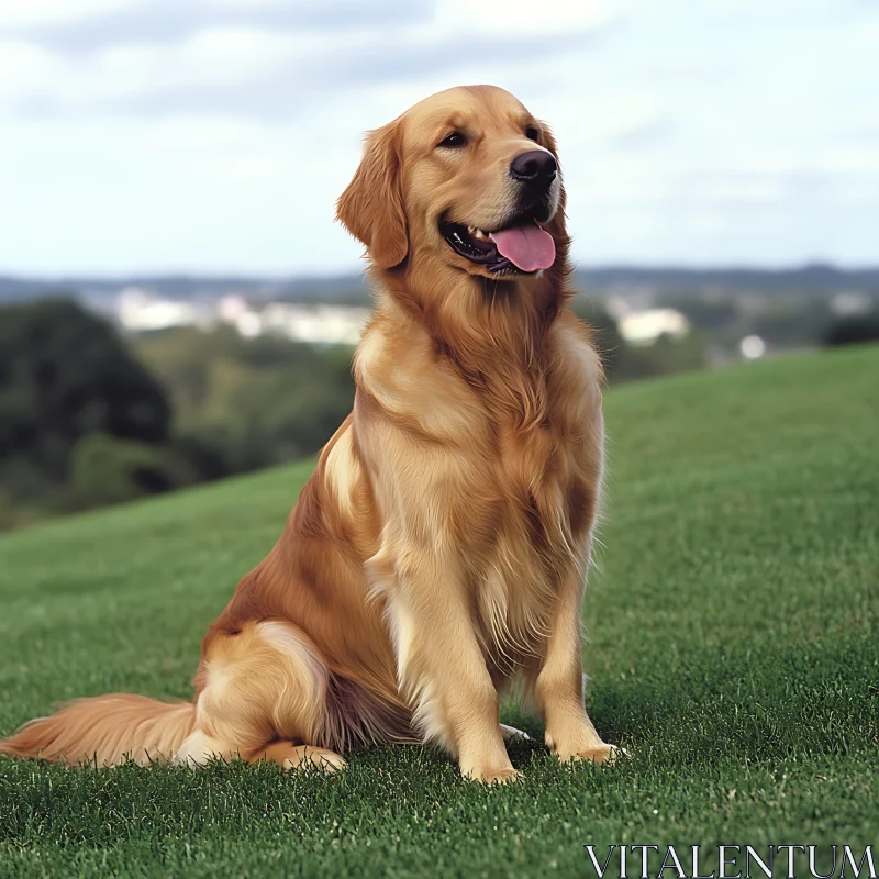 Golden Retriever on a Scenic Field AI Image