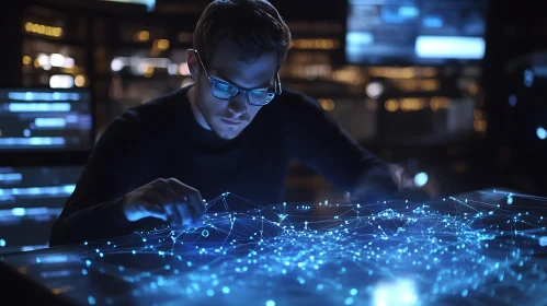 Man and Futuristic Data Network Interface