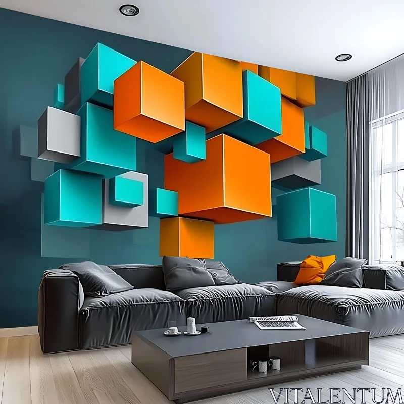 Contemporary Interior Design with Geometric Cube Wall AI Image