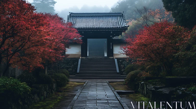 Misty Pathway Through Red Trees to Ancient Gate AI Image