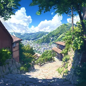 Quaint Mountain Village with Lush Greenery and Clear Sky