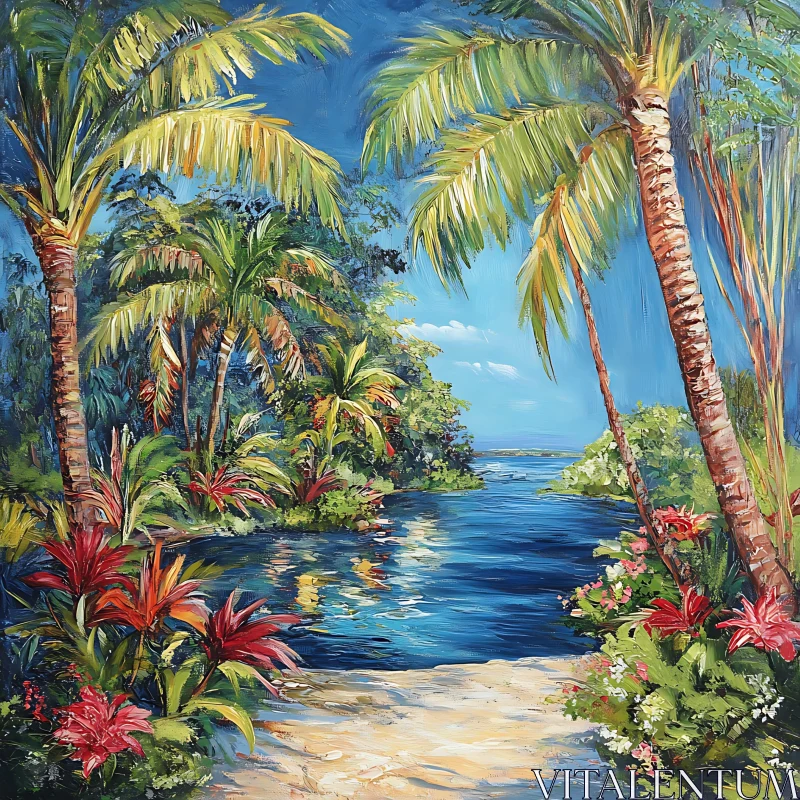 AI ART Island Paradise with Palm Trees and Water