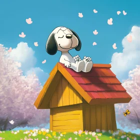 Cartoon Dog Enjoying Springtime on Doghouse