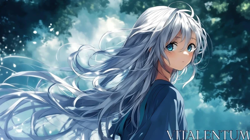 Anime Girl with Blue Eyes in Nature AI Image