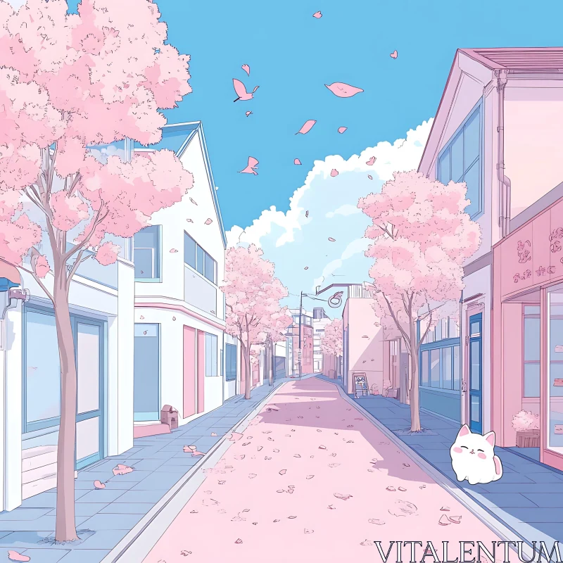 Pastel Urban Scene with Blooming Cherry Trees and Cute Cat AI Image