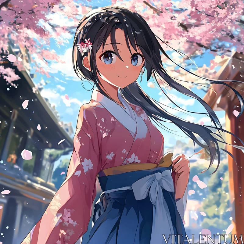 Cherry Blossom Anime Scene with Girl in Kimono AI Image