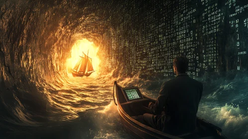 Man Rowing Towards a Ship in Digital Storm