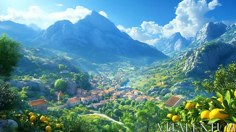 Valley Village Landscape with Citrus Trees AI Image