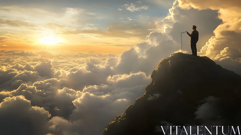 Man Measuring Clouds at Sunset Peak AI Image