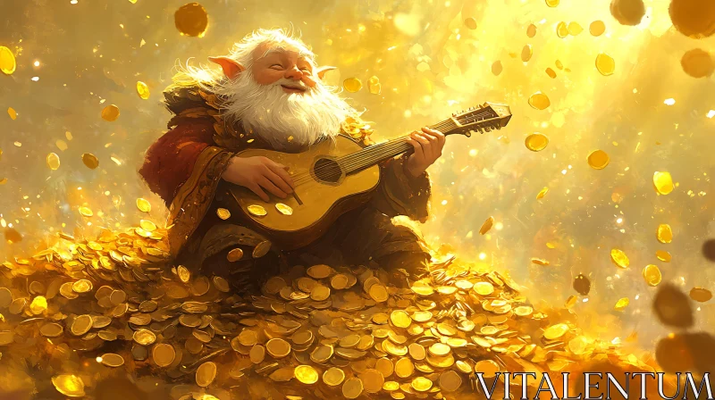 AI ART Enchanted Leprechaun with Guitar on Gold Coins