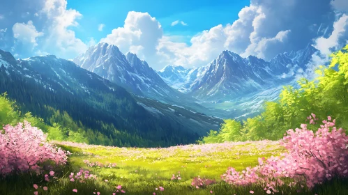 Scenic Mountain View with Pink Blossoms