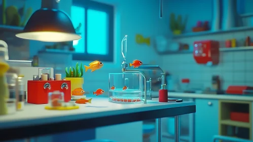 Whimsical Kitchen with Golden Fish Floating in Mid-Air